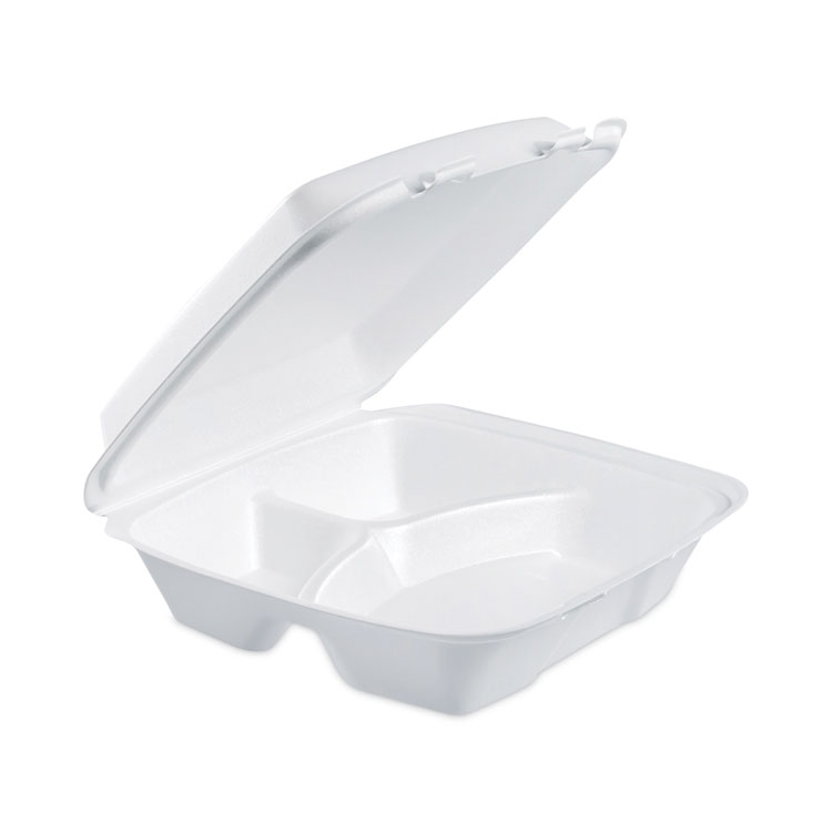 Dart Insulated Foam Hinged Lid Containers, 3 Compartments, 9 x 9.4 x 3, White, 100/Sleeve, 2 Sleeves/Carton (DCC90HT3)