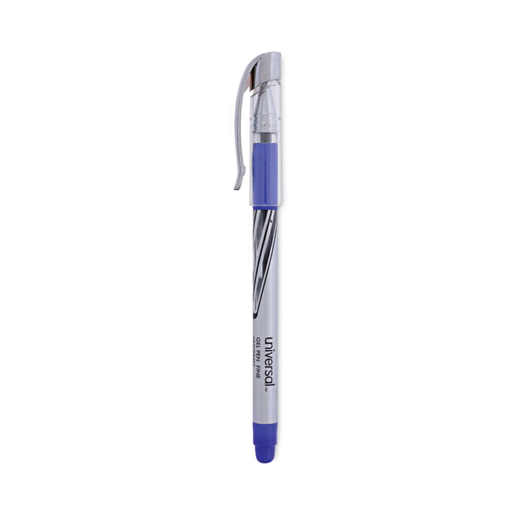 Universal Gel Pen, Stick, Medium 0.7 mm, Blue Ink, Silver/Blue Barrel, Dozen (UNV39621)