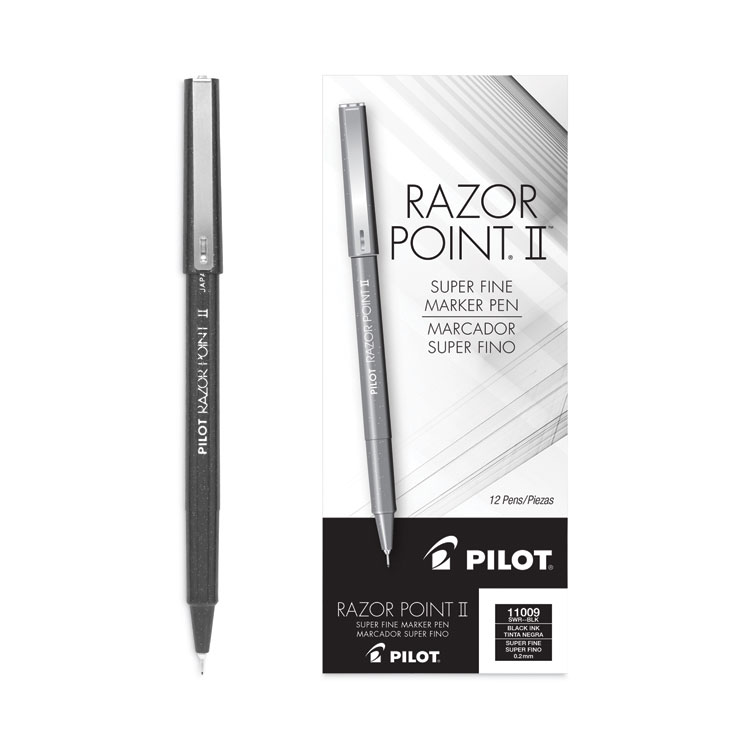 Pilot Razor Point II Super Fine Line Porous Point Pen, Stick, Super-Fine 0.2 mm, Black Ink, Black Barrel, Dozen (PIL11009)