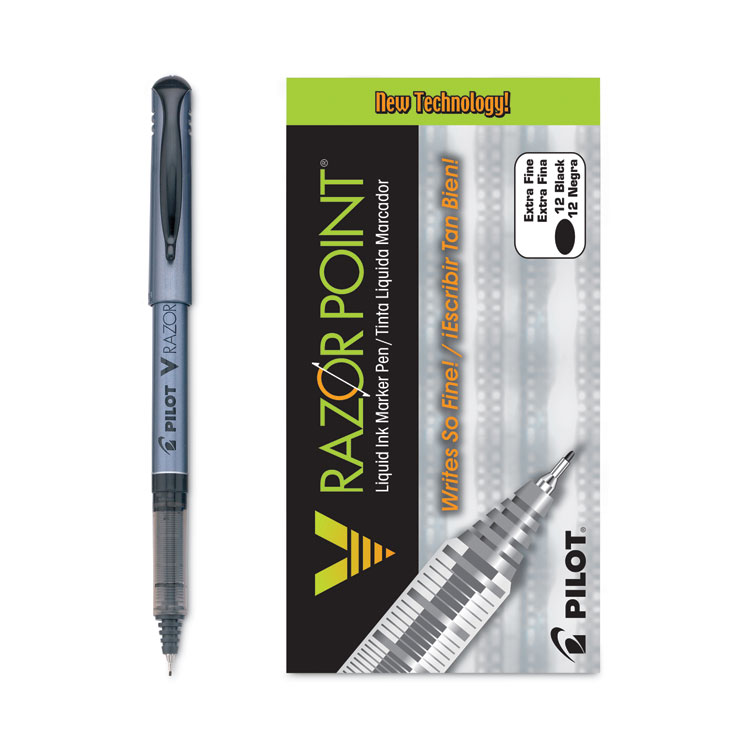 Pilot V Razor Point Liquid Ink Porous Point Pen, Stick, Extra-Fine 0.5 mm, Black Ink, Gray/Smoke Barrel, Dozen (PIL11020)
