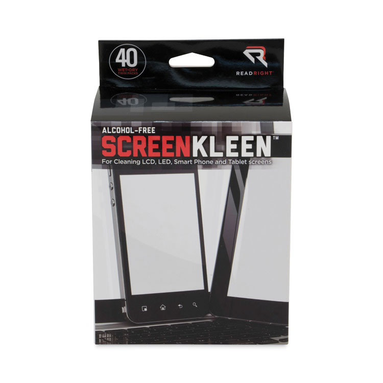 Read Right Alcohol-Free ScreenKleen Wet Wipes, Cloth, 5 x 5, Unscented, 40/Box (REARR1391)