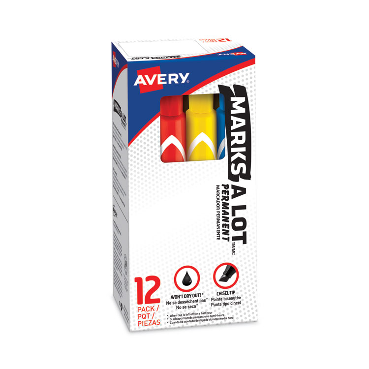 Avery MARKS A LOT Large Desk-Style Permanent Marker, Broad Chisel Tip, Assorted Colors, 12/Set (24800) (AVE24800)