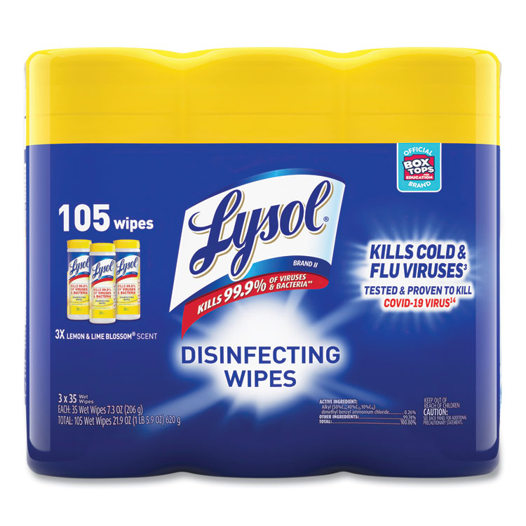 LYSOL Brand Disinfecting Wipes, 1-Ply, 7 x 7.25, Lemon and Lime Blossom, White, 35 Wipes/Canister, 3 Canisters/Pack (RAC82159PK)
