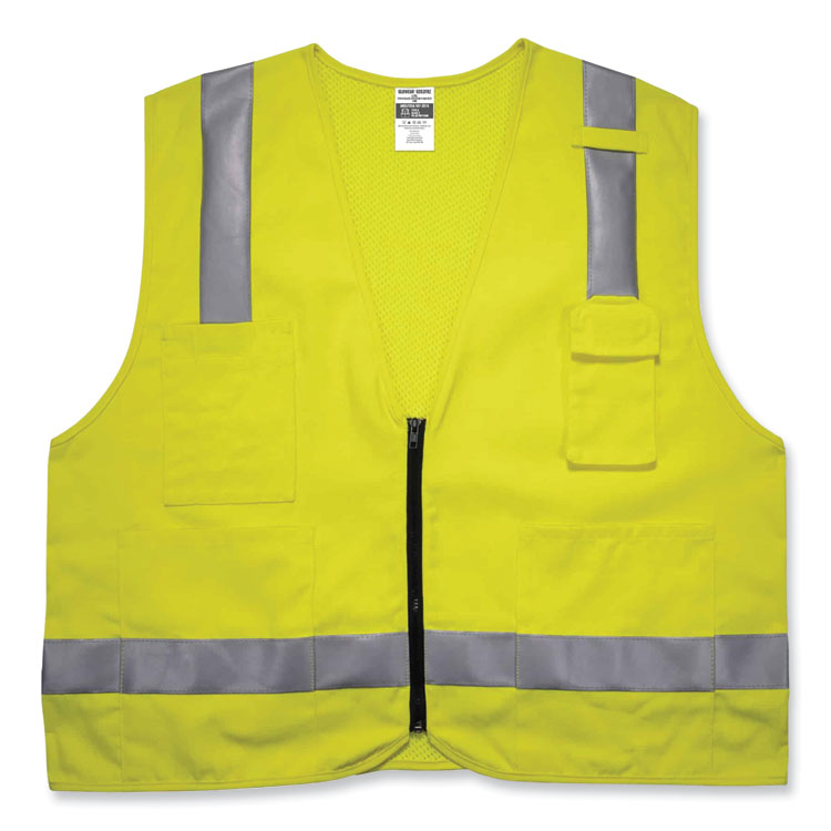 ergodyne GloWear 8262FRZ Class 2 FR Surveyor Zip Vest, Tencel/Modacrylic/Para-aramid/Kevlar, 4X-Large/5X-Large, Lime (EGO21489)