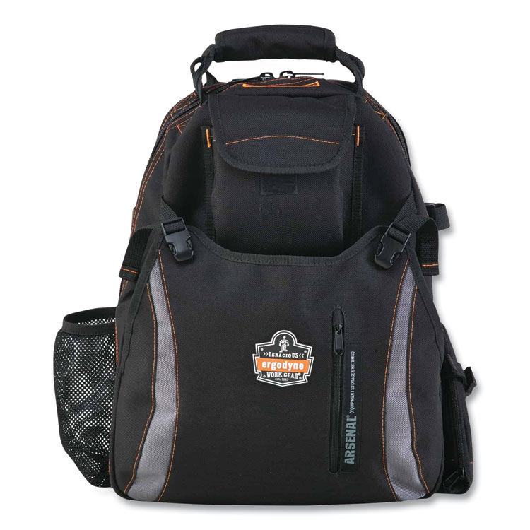 ergodyne Arsenal 5843 Tool Backpack Dual Compartment, 26 Compartments, 8.5 x 13.5 x 18, Ballistic Polyester, Black/Gray (EGO13743)
