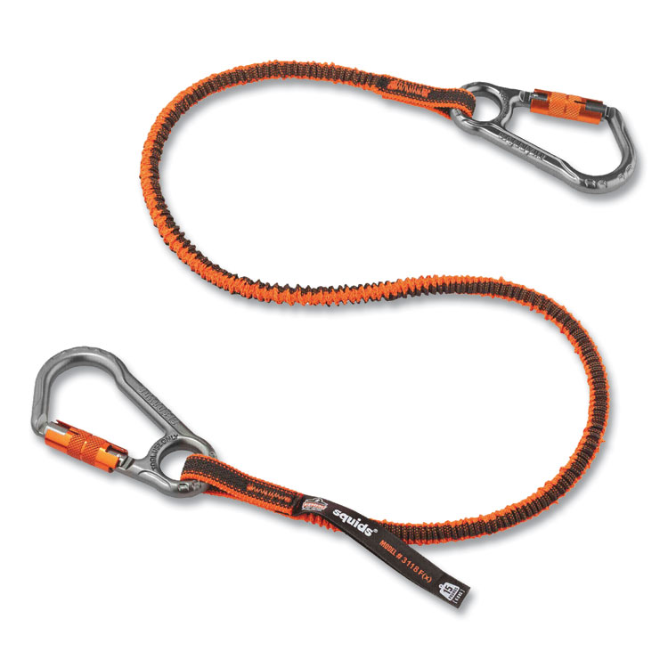 ergodyne Squids 3118F(x) Tool Lanyards with Locking Aluminum Carabiners, 15 lb Working Capacity, 38" to 48" Long, Orange/Gray (EGO19828)