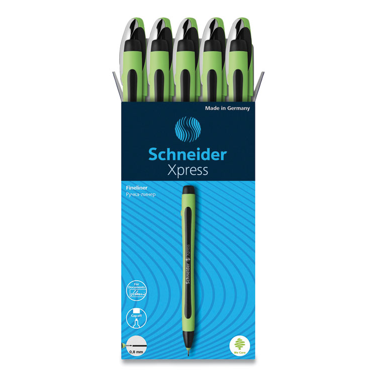 Schneider Xpress Fineliner Porous Point Pen, Stick, Medium 0.8 mm, Black Ink, Black/Green Barrel, 10/Box (RED190001)