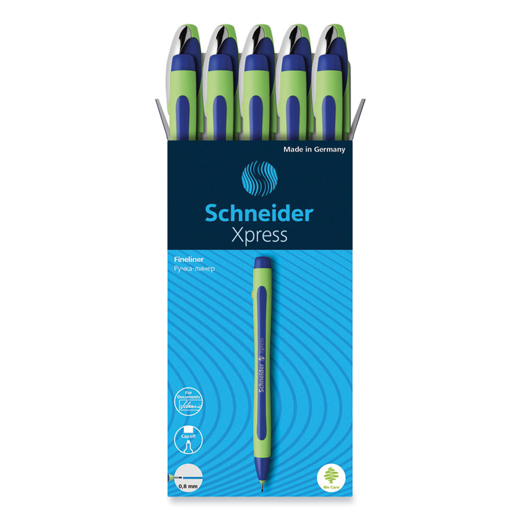 Schneider Xpress Fineliner Porous Point Pen, Stick, Medium 0.8 mm, Blue Ink, Blue/Green Barrel, 10/Box (RED190003)