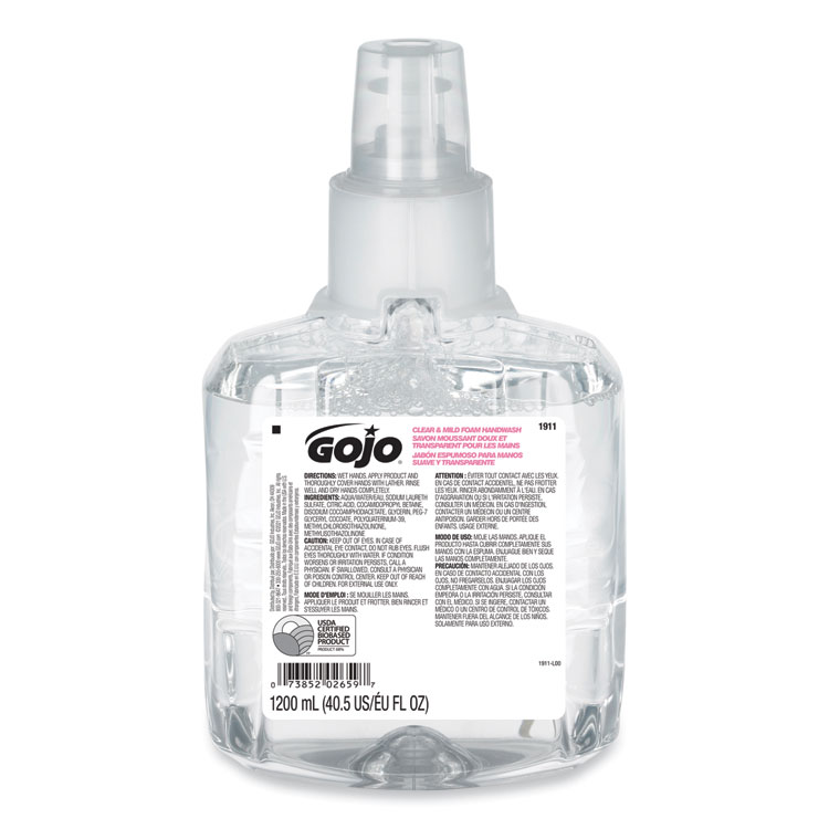 GOJO Clear and Mild Foam Handwash Refill, For LTX-12 Dispenser, Fragrance-Free, 1,200 mL (GOJ191102EA)