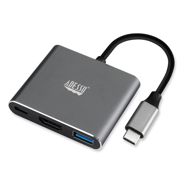 Adesso 3-in-1 USB-C Multi-Port TAA Compliant Docking Station, HDMI, USB-C, USB 3 A+PD, Black/Gray (ADEAUH4010)