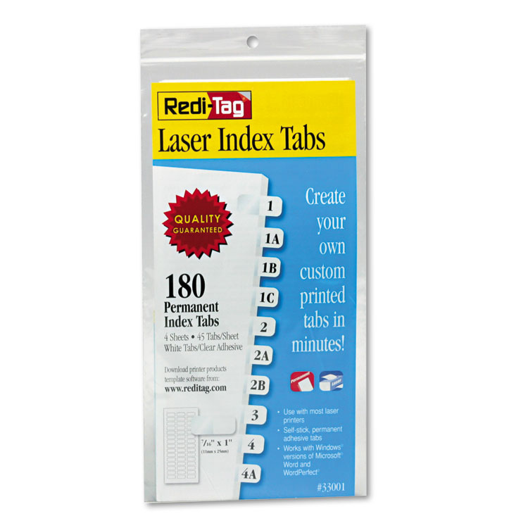 Redi-Tag Laser Printable Index Tabs, 1/12-Cut, White, 0.44" Wide, 180/Pack (RTG33001)