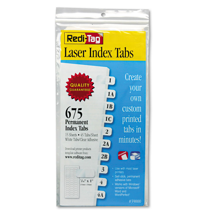Redi-Tag Laser Printable Index Tabs, 1/12-Cut, White, 0.44" Wide, 675/Pack (RTG39000)