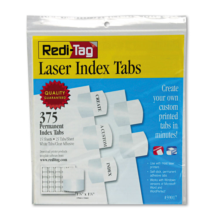 Redi-Tag Laser Printable Index Tabs, 1/5-Cut, White, 1.13" Wide, 375/Pack (RTG39017)