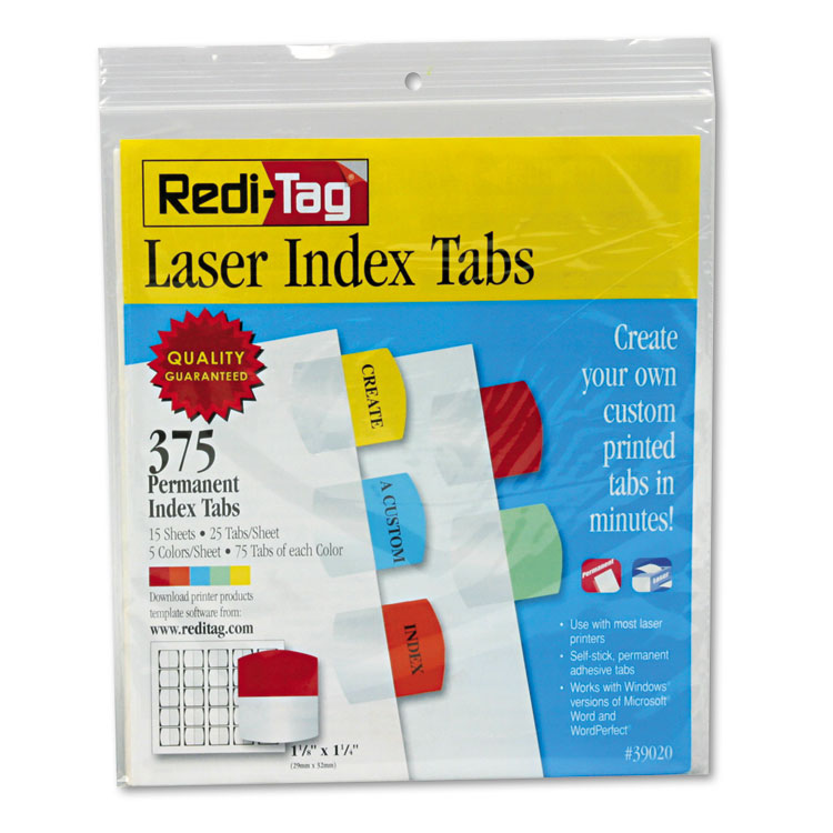 Redi-Tag Inkjet Printable Index Tabs, 1/5-Cut, Assorted Colors, 1.13" Wide, 375/Pack (RTG39020)
