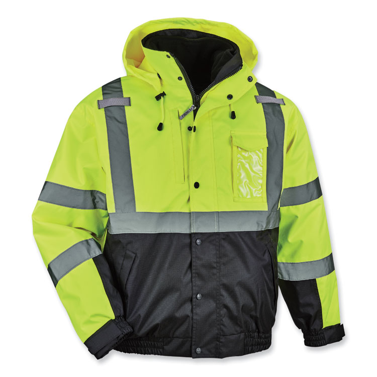 ergodyne GloWear 8381 Class 3 Hi-Vis 4-in-1 Quilted Bomber Jacket, Lime, Small (EGO25592)