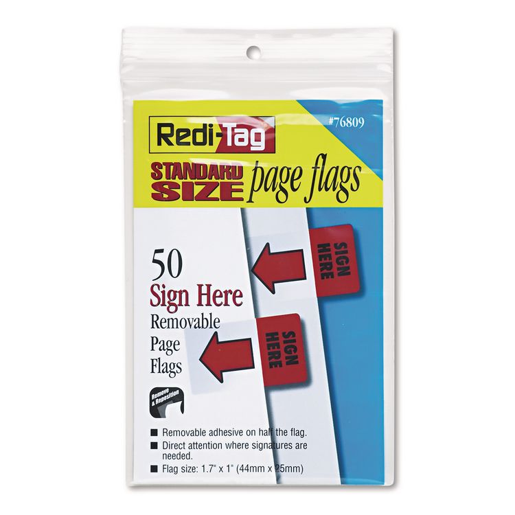 Redi-Tag Removable/Reusable Page Flags, "Sign Here", Red, 50/Pack (RTG76809)