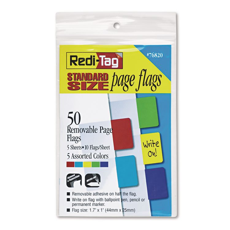 Redi-Tag Removable Page Flags, Red/Blue/Green/Yellow/Purple, 10/Color, 50/Pack (RTG76820)