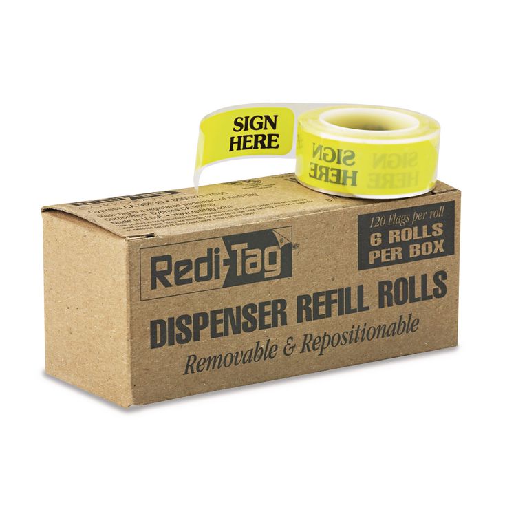 Redi-Tag Arrow Message Page Flag Refills, "Sign Here", Yellow, 120 Flags/Roll, 6 Rolls/Box (RTG91001)