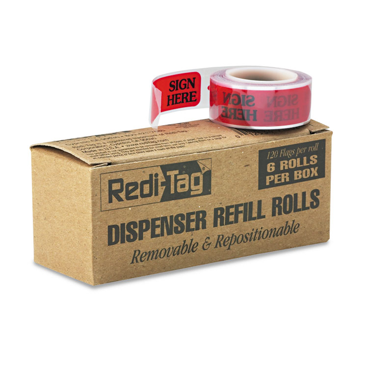 Redi-Tag Arrow Message Page Flag Refills, "Sign Here", Red, 120 Flags/Roll, 6 Rolls (RTG91002)
