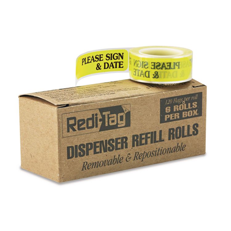 Redi-Tag Arrow Message Page Flag Refills, "Please Sign and Date", Yellow, 120/Roll, 6 Rolls (RTG91032)
