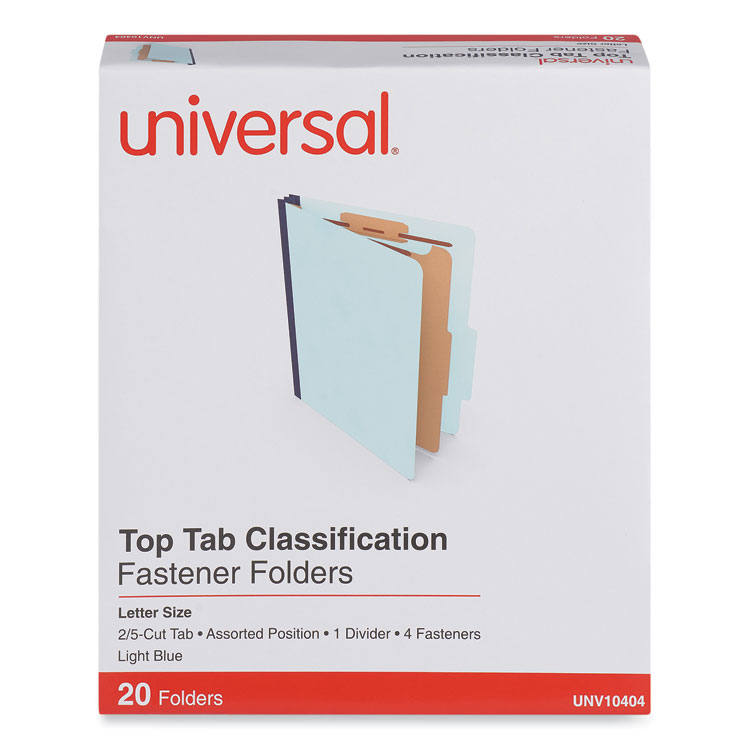 Universal Four-Section Pressboard Classification Folders, 1.75" Expansion, 1 Divider, 4 Fasteners, Letter Size, Light Blue, 20/Box (UNV10404)