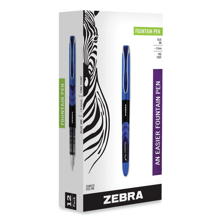 Zebra Fountain Pen, Fine 0.6 mm, Blue Ink, Black/Blue Barrel, 12/Pack (ZEB48320)
