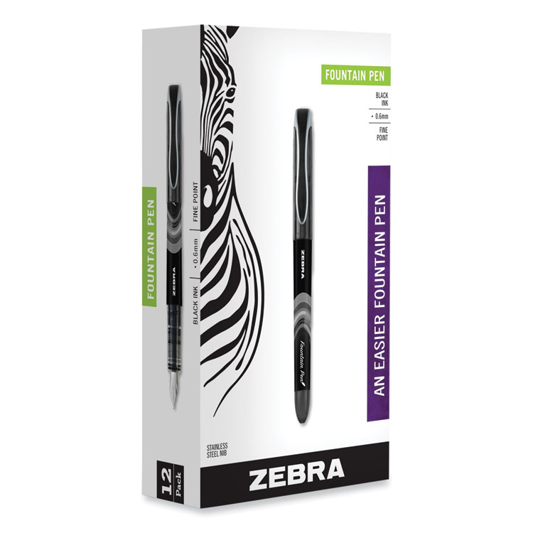 Zebra Fountain Pen, Fine 0.6 mm, Black Ink, Black/Gray Barrel, 12/Pack (ZEB48310)