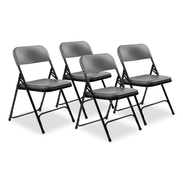 NPS 800 Series Plastic Folding Chair, Supports Up to 500 lb, 18" Seat Height, Charcoal Seat, Charcoal Back, Black Base, 4/Carton (NPS820)