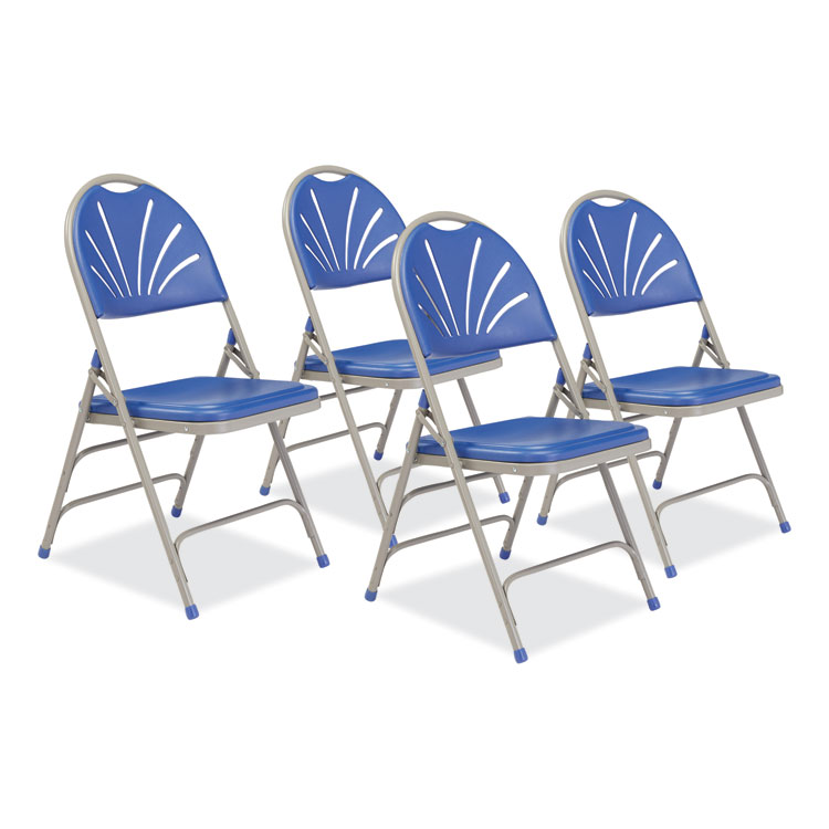 NPS 1100 Series Deluxe Fan-Back Tri-Brace Folding Chair, Supports Up to 500 lb, Blue Seat, Blue Back, Gray Base, 4/Carton (NPS1105)