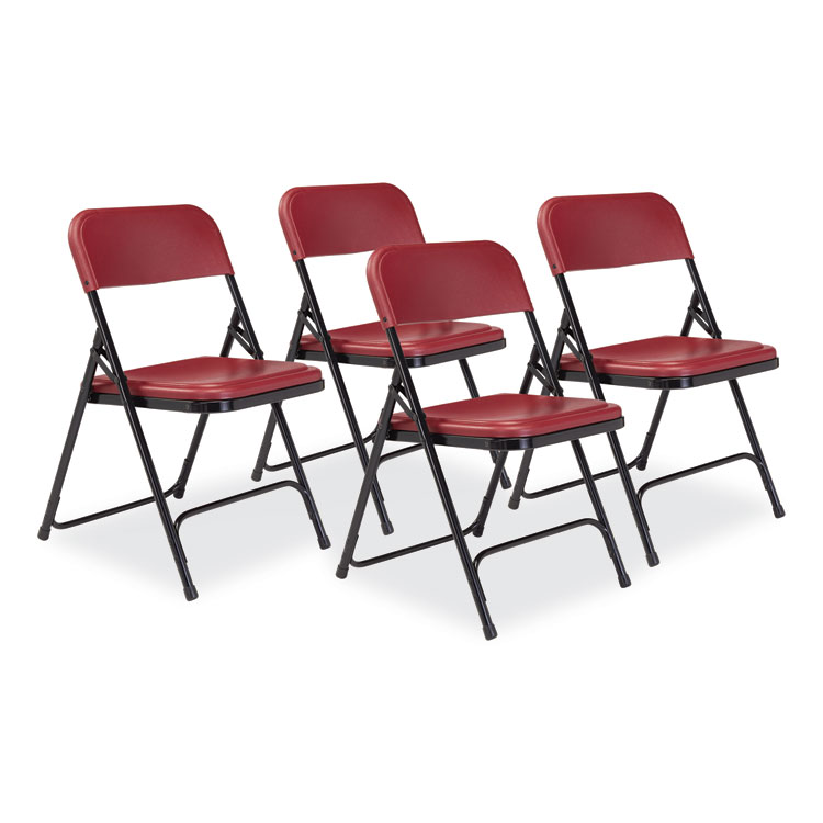 NPS 800 Series Plastic Folding Chair, Supports Up to 500 lb, 18" Seat Height, Burgundy Seat, Burgundy Back, Black Base, 4/Carton (NPS818)