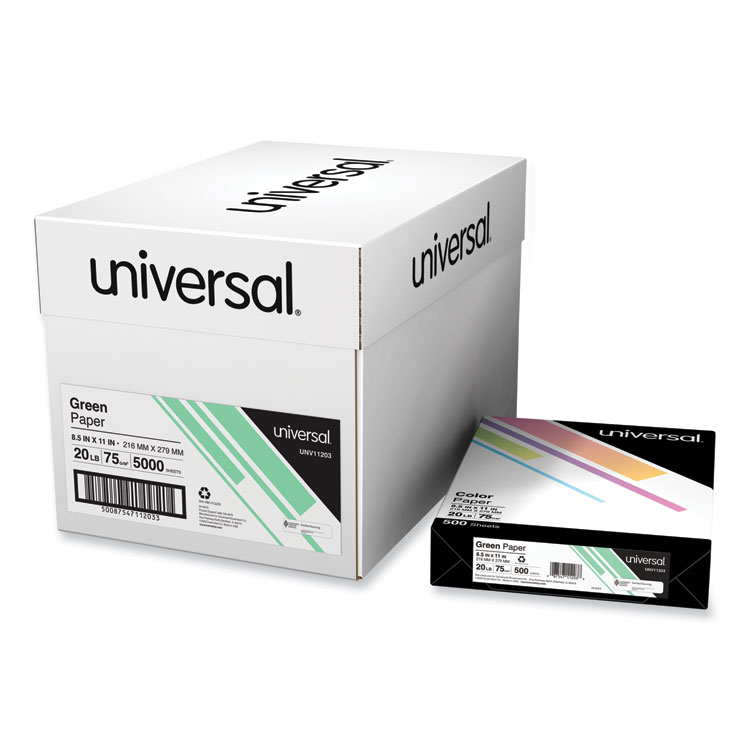 Universal Deluxe Colored Paper, 20 lb Bond Weight, 8.5 x 11, Green, 500 Sheets/Ream, 10 Reams/Carton (UNV11203CT)