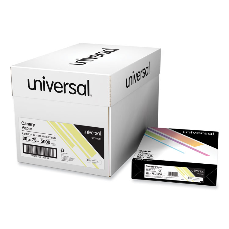Universal Deluxe Colored Paper, 20 lb Bond Weight, 8.5 x 11, Canary, 500 Sheets/Ream, 10 Reams/Carton (UNV11201CT)