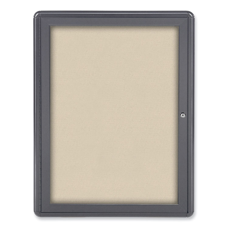 Ghent Ovation 1 Door Enclosed Fabric Bulletin Board, 24.13" x 33.75", Beige Surface, Powder-Coated Gray Aluminum Frame (GHEOVG1F90)