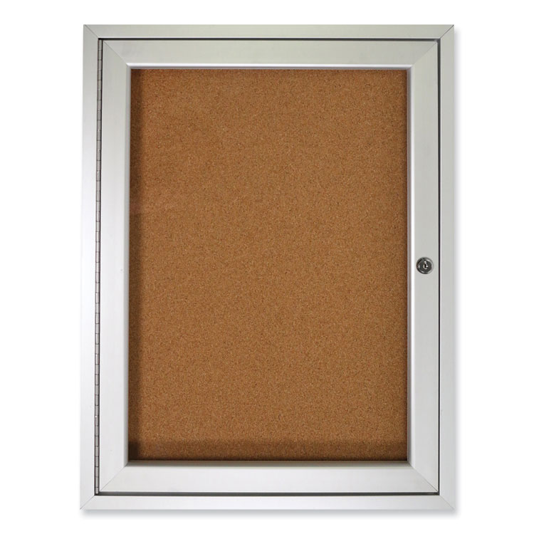 Ghent 1 Door Enclosed Natural Cork Bulletin Board with Satin Frame, 24" x 36", Tan Surface, Satin Aluminum Frame (GHEPA13624K)