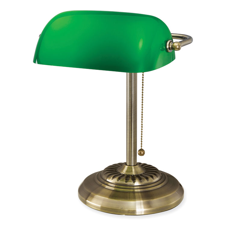V-Light LED Bankers Lamp with Green Shade, Cable Suspension Neck, 13.5" High, Antique Brass (VLU9B101AB)