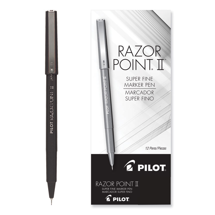 Pilot Razor Point Fine Line Porous Point Pen, Stick, Extra-Fine 0.3 mm, Black Ink, Black Barrel, Dozen (PIL11001)