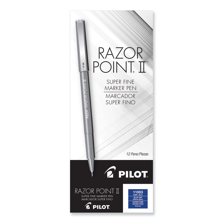 Pilot Razor Point II Super Fine Line Porous Point Pen, Stick, Super-Fine 0.2 mm, Blue Ink, Blue Barrel, Dozen (PIL11003)