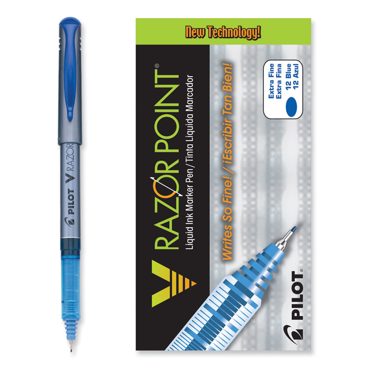 Pilot V Razor Point Liquid Ink Porous Point Pen, Stick, Extra-Fine 0.5 mm, Blue Ink, Gray/Translucent Blue Barrel, Dozen (PIL11021)
