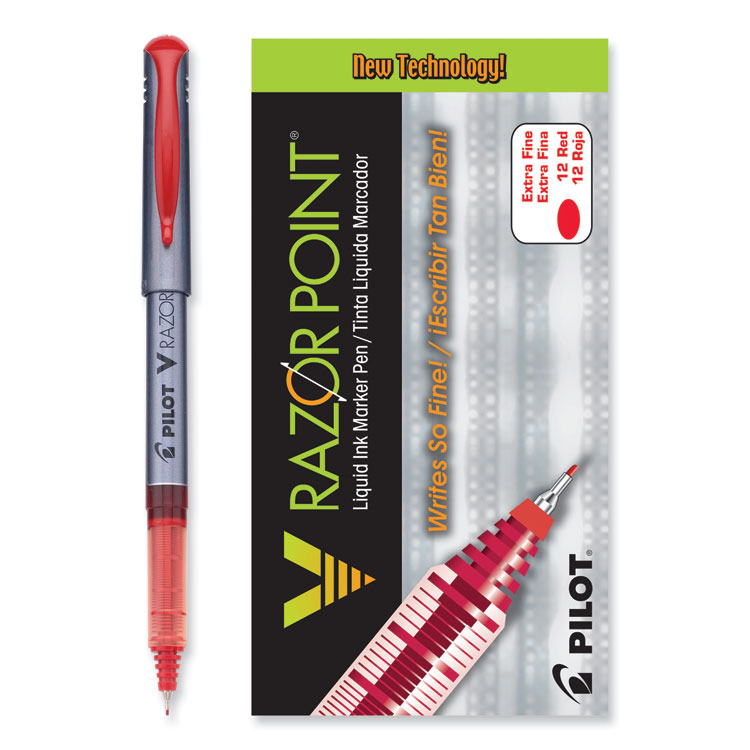 Pilot V Razor Point Liquid Ink Porous Point Pen, Stick, Extra-Fine 0.5 mm, Red Ink, Gray/Translucent Red Barrel, Dozen (PIL11022)