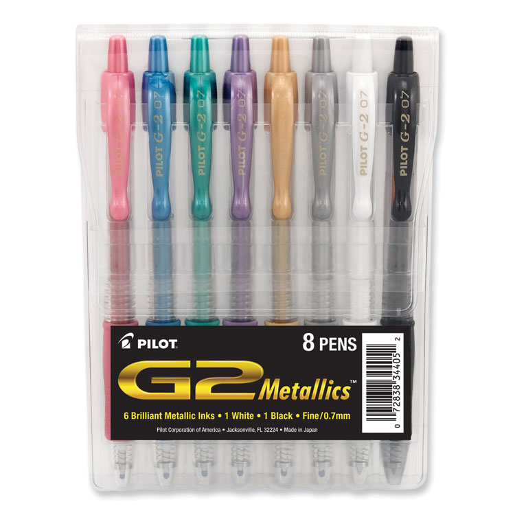 Pilot G2 Metallics Gel Pen, Retractable, Fine 0.7 mm, Assorted Ink and Barrel Colors, 8/Pack (PIL34405)