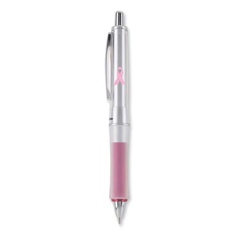 Pilot Dr. Grip Center of Gravity Breast Cancer Awareness Ballpoint Pen, Retractable, Medium 1 mm, Black Ink, Silver/Pink Barrel (PIL36192)