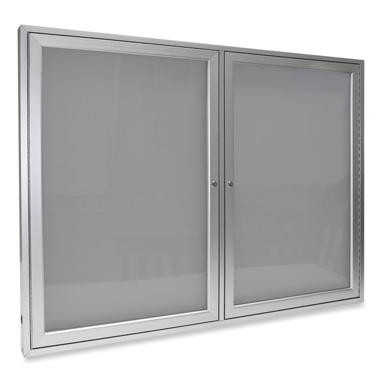 Ghent 2 Door Enclosed Vinyl Bulletin Board with Satin Frame, 48" x 36", Silver Surface, Satin Aluminum Frame (GHEPA23648VX193)