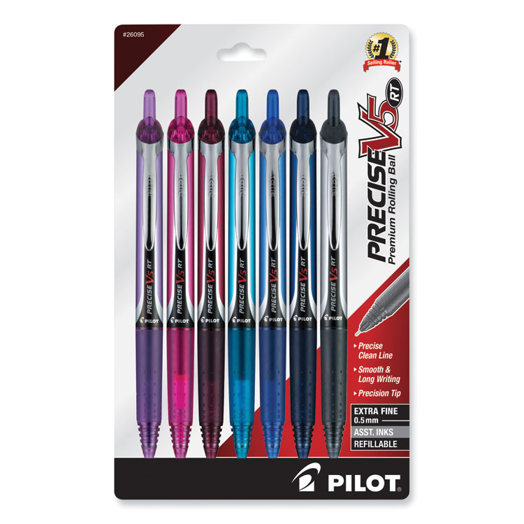 Pilot Precise V5RT Rollerball Pen, Retractable, Extra-Fine 0.5 mm, Assorted Ink and Barrel Colors, 7/Pack (PIL26095)