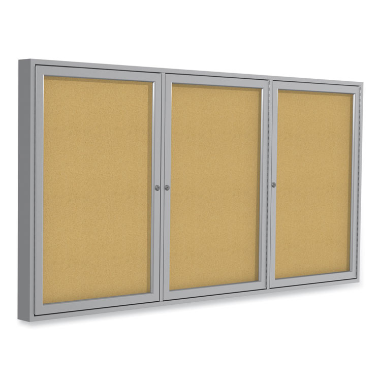 Ghent 3 Door Enclosed Vinyl Bulletin Board with Satin Frame, 72" x 48", Silver Surface, Satin Aluminum Frame (GHEPA34872VX193)