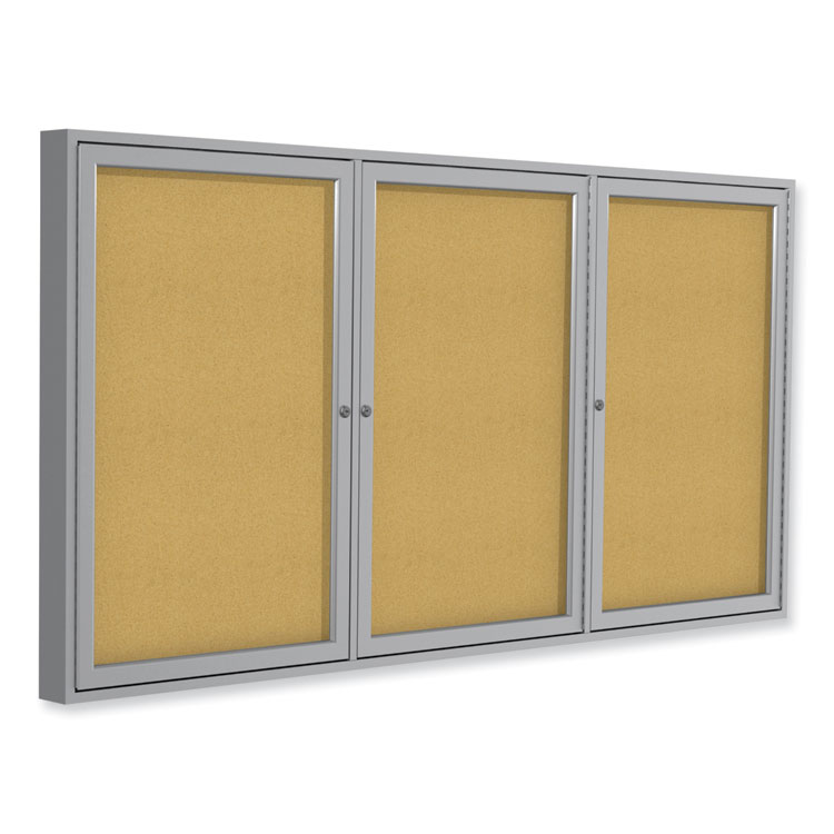Ghent 3 Door Enclosed Natural Cork Bulletin Board with Satin Frame, 96" x 48", Tan Surface, Satin Aluminum Frame (GHEPA34896K)