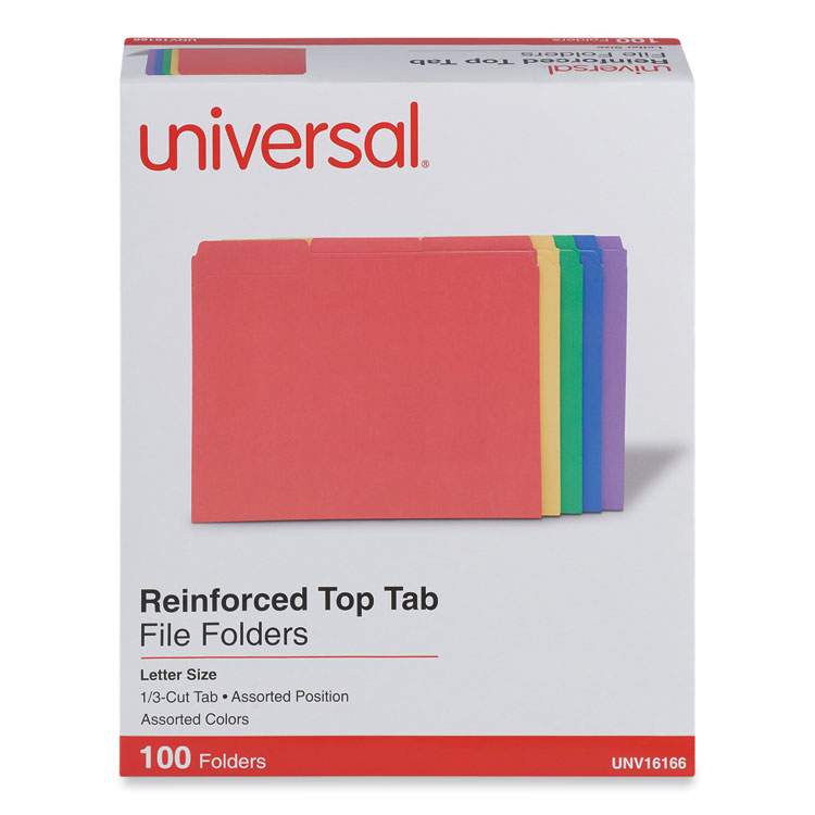 Universal Reinforced Top-Tab File Folders, 1/3-Cut Tabs: Assorted, Letter Size, 1" Expansion, Assorted Colors, 100/Box (UNV16166)