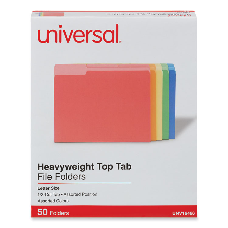 Universal Deluxe Heavyweight File Folders, 1/3-Cut Tabs: Assorted, Letter Size, 0.75" Expansion, Assorted Colors, 50/Box (UNV16466)