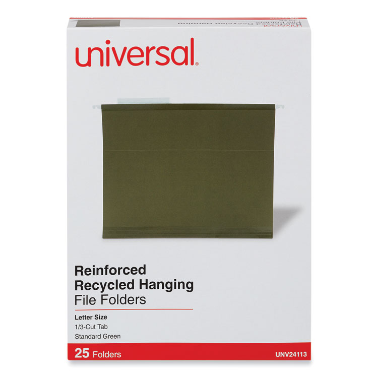 Universal Deluxe Reinforced Recycled Hanging File Folders, Letter Size, 1/3-Cut Tabs, Standard Green, 25/Box (UNV24113)