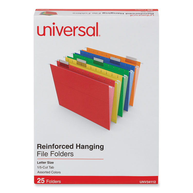 Universal Deluxe Reinforced Recycled Hanging File Folders, Letter Size, 1/5-Cut Tabs, Assorted, 25/Box (UNV34112)