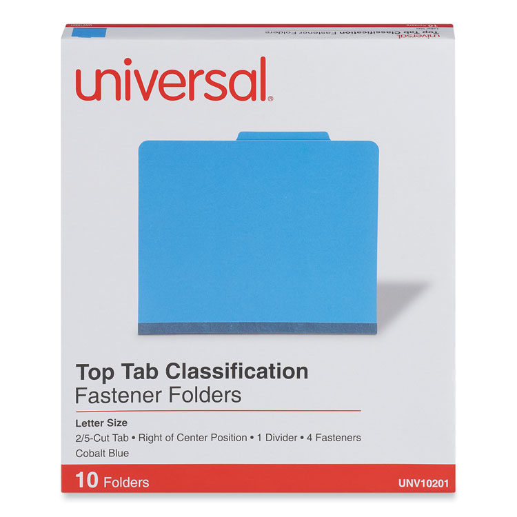 Universal Bright Colored Pressboard Classification Folders, 2" Expansion, 1 Divider, 4 Fasteners, Letter Size, Cobalt Blue, 10/Box (UNV10201)